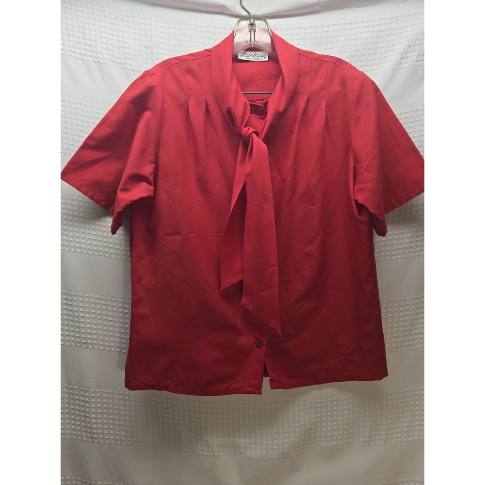 Lucky Winner Vintage Red Button Up Ruffle Tie Neck Blouse Womens Size L